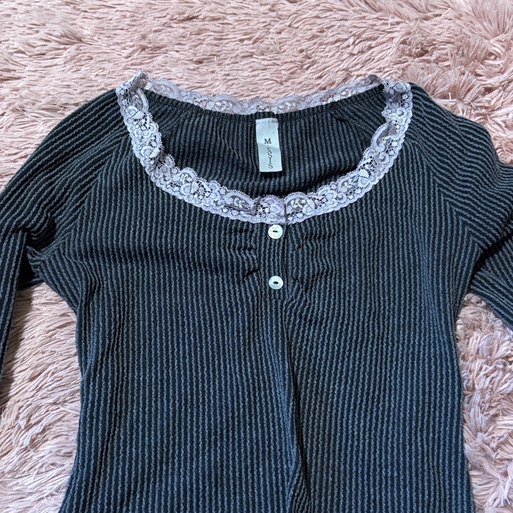 Striped Long Sleeve Top with Lace Trim